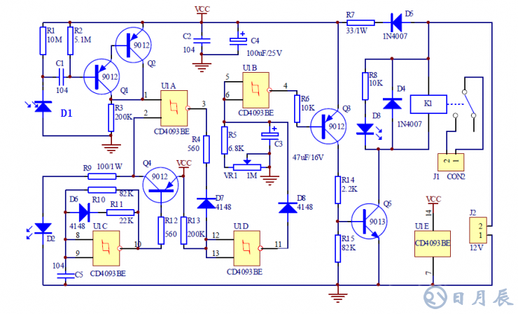 紅外接近開關(guān)電路 本例紅外接近開關(guān)電路是通過檢測發(fā)射的紅外線信號(hào)是否被發(fā)射來判斷前方是否有物體，從而控制繼電器的開關(guān)動(dòng)作來控制其它電路（本例省略）。.png