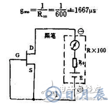 　萬(wàn)用電表置R×1k檔，然后反復(fù)測(cè)試管子的三個(gè)電極，只要其中兩腳的正、反向測(cè)試電阻值相等，約為幾千歐姆時(shí)，這兩個(gè)極必定是漏、源極。當(dāng)然為了驗(yàn)證還得確定剩下那只腳是柵極，該腳對(duì)漏、源極中任一腳的正、反向電阻應(yīng)是不一樣大的（PN結(jié)），若—樣，說(shuō)明該管是壞的。